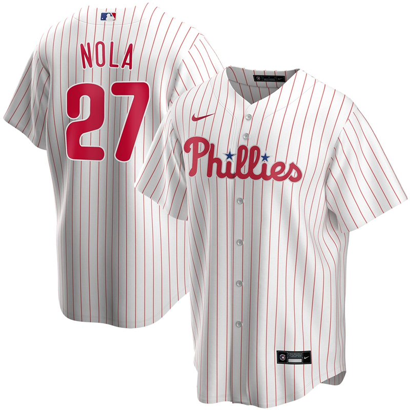 2020 MLB Men Philadelphia Phillies 27 Aaron Nola Nike White Home 2020 Replica Player Jersey 1